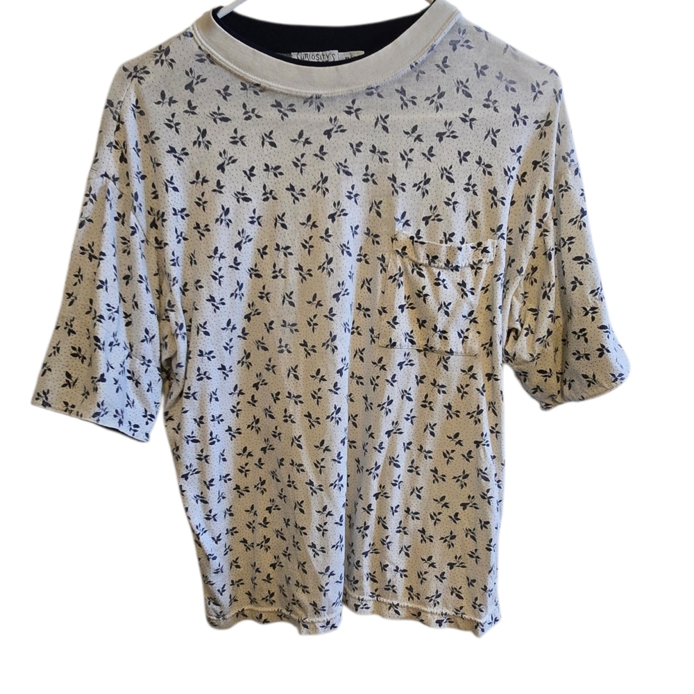 Vintage 90's Curiosity's Cats White and Blue Floral Style Patterned Short - Picture 2 of 4